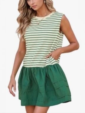 MEROKEETY Striped Drop-Waist Mini Dress – Size Large (NWT)